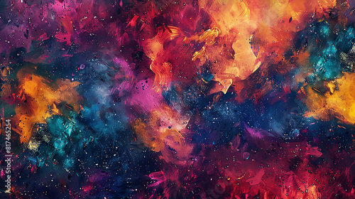 A canvas with a rich texture, covered in vibrant colors and bold brush strokes, with a pattern that resembles a galaxy on a rich texture background.