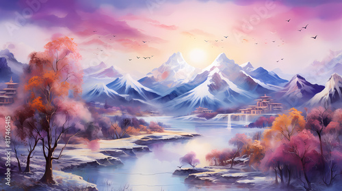 watercolor in blue and pink mountains landscape illustration abstract background decorative painting