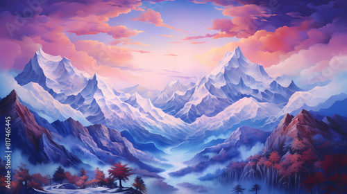 watercolor in blue and pink mountains landscape illustration abstract background decorative painting