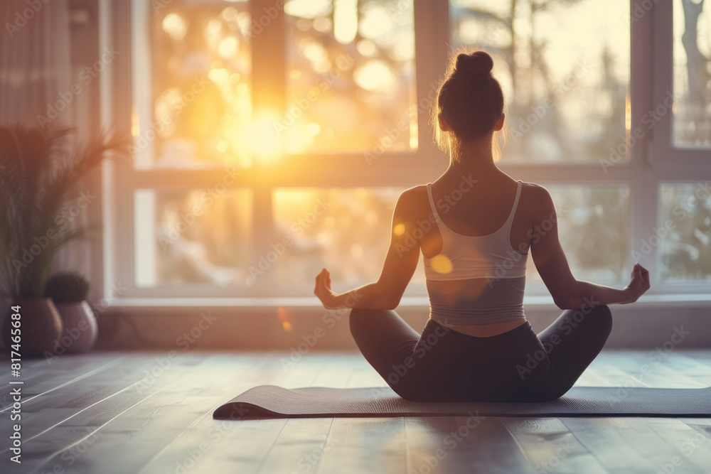 Silhouette of a woman meditating in lotus pose during sunrise, reflecting serenity and mindfulness in a peaceful indoor setting.