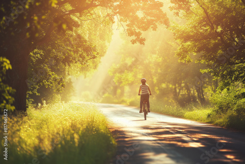  Lone cyclist enjoying a tranquil ride down a sunlit forest path, with rays of light casting a magical glow through the trees.