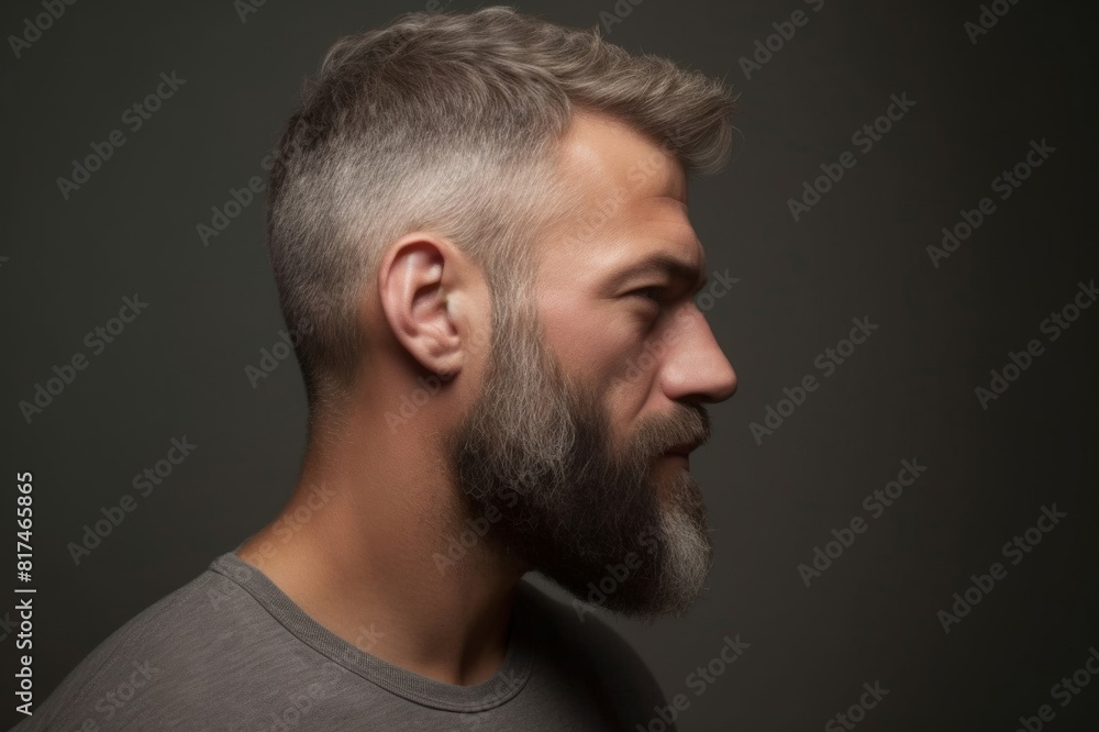 portrait of a handsome man in profile with beard and short hair style, he has grey t-shirt and confident view on grey background. the man looks away. portrait of a handsome man in profile with beard and short hair style, he has grey t-shirt and confident view on grey background. the man looks away.
