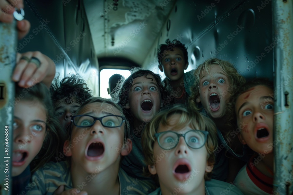 Group of children in the cabin of the plane screaming and looking at the camera