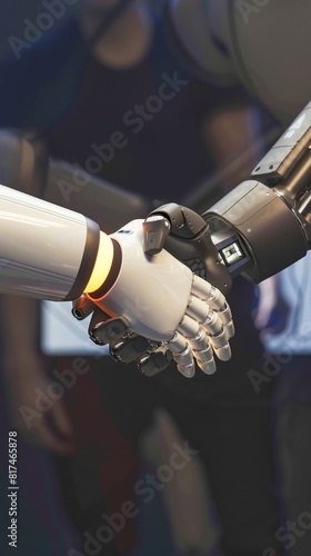 A backlit scene captures a handshake between a robot and human a gesture of peace and technological harmony