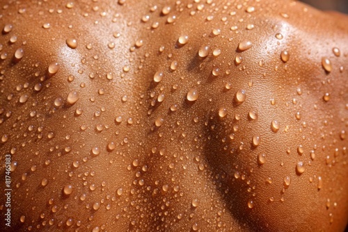 drops of sweat on tanned skin, close-up