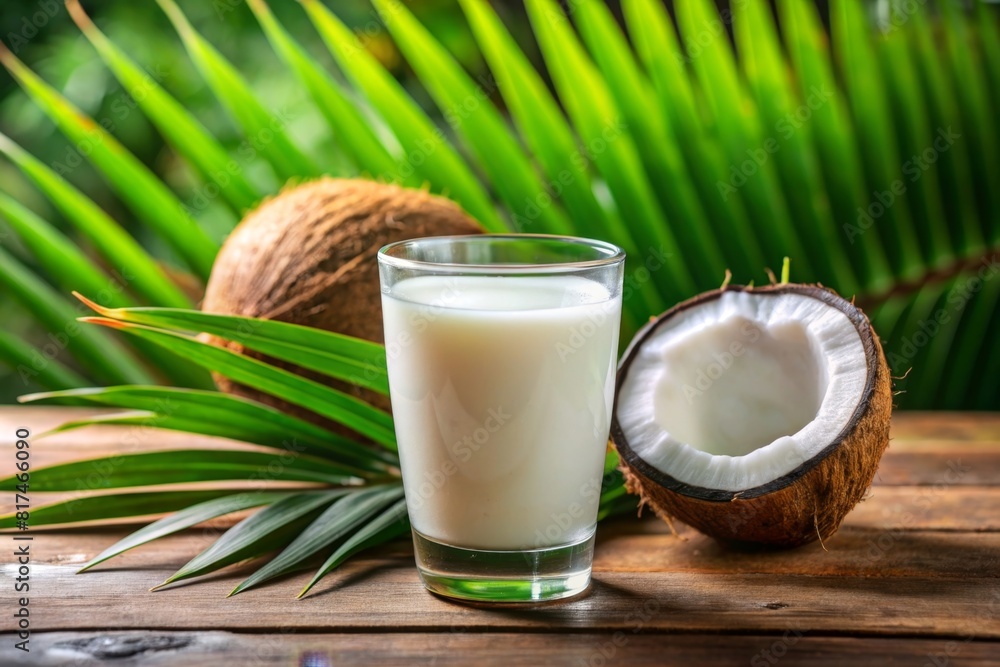 Glass of coconut juice with fresh coconut on wooden table Glass of coconut juice with fresh coconut on wooden table