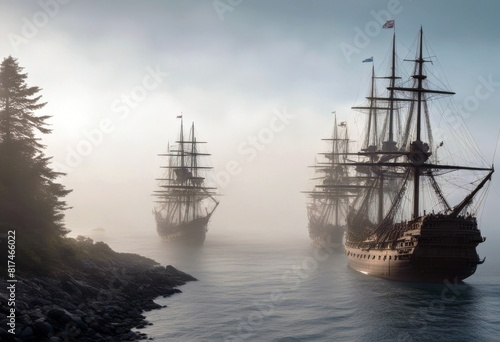 'fleet armed fog heavily emerges line ships massive led ship create victory rendering hms they forest that sails ocean sappears stance d sail naval marin maritime nautical boat vessel' photo