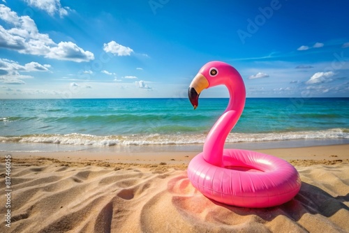 Inflatable flamingo on a sandy beach. Pink color water toy by the sea and blue sky background. Summer trip banner with space for text © ilyas