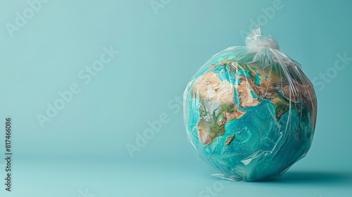 A earth globe wrapped with polyethene against a pastel blue backdrop with space for text a concept of World Environment Day  Generative AI.