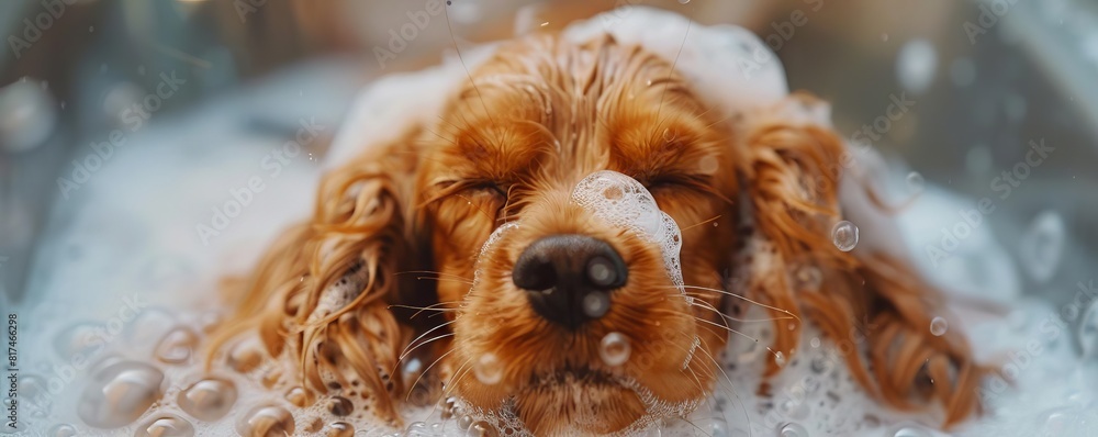 Capture a close-up shot of a fluffy, relaxed Cocker Spaniel getting a soothing lavender shampoo at the luxurious dog spa Highlight the bubbles and the dogs serene expression Capture a close-up shot of a fluffy, relaxed Cocker Spaniel getting a soothing lavender shampoo at the luxurious dog spa Highlight the bubbles and the dogs serene expression