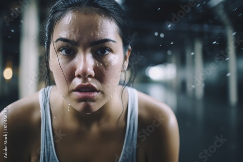 portrait of exhausted woman with sweat on face