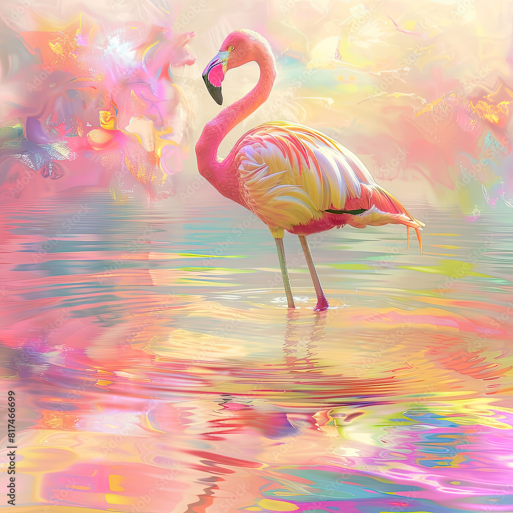 Obraz premium A whimsical flamingo stands gracefully in a vibrant, colorful pond, its reflection shimmering in the water under a bright, dreamy sky.