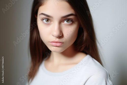 portrait of teenage girl looking at camera on white background