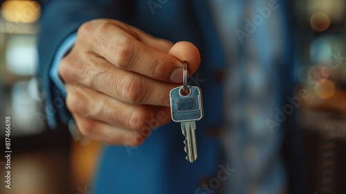 realtor giving house key to young couple customers. Successful family ready become homeowners. Real estate concept. white modern house on blurred background at sunny summer day.