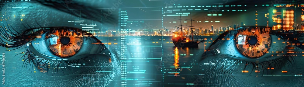 Obraz premium Robot processing failed investment data, close up on digital eyes, rich and lively color scheme, double exposure silhouette with a sinking ship