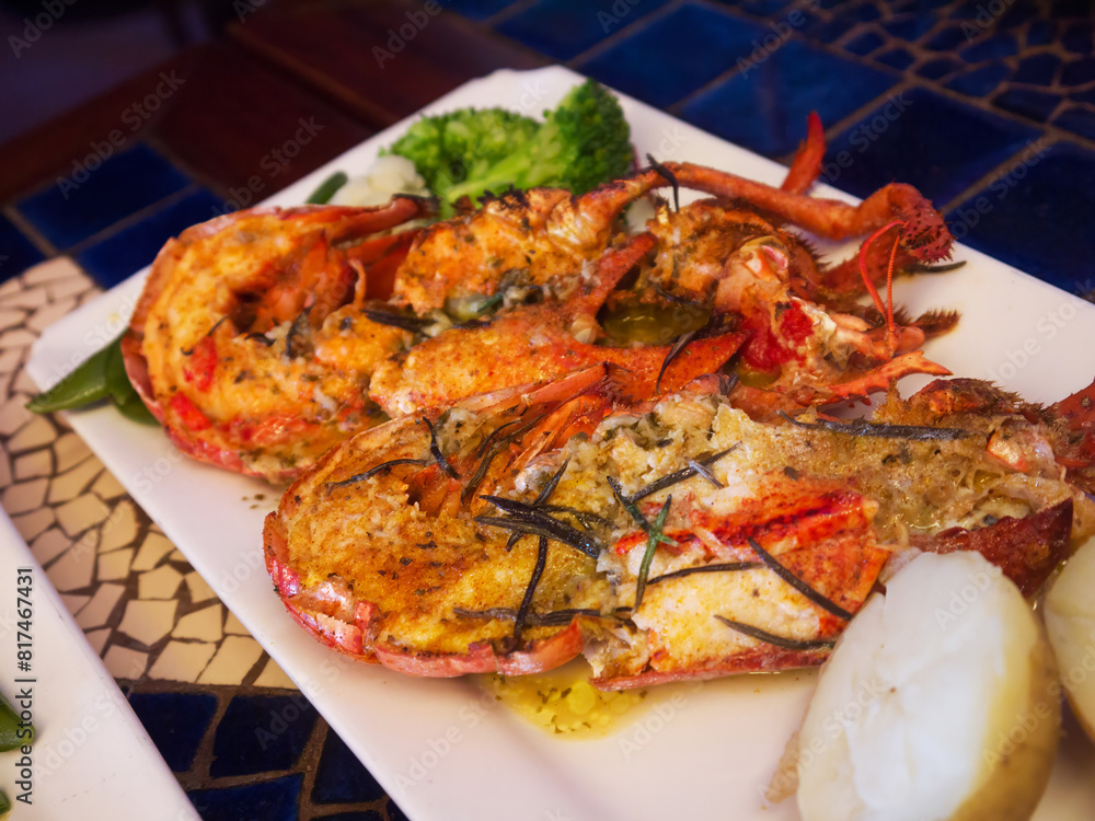 Grilled lobster thermidor, enjoying Hong Kong cuisine in Stanley Village Grilled lobster thermidor, enjoying Hong Kong cuisine in Stanley Village