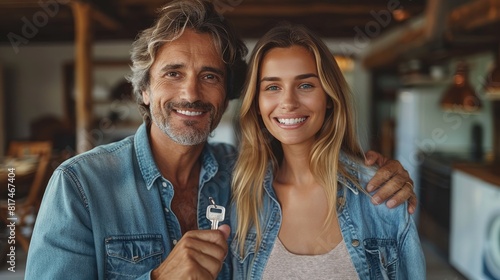 realtor giving house key to young couple customers. Successful family ready become homeowners. Real estate concept. white modern house on blurred background at sunny summer day. photo