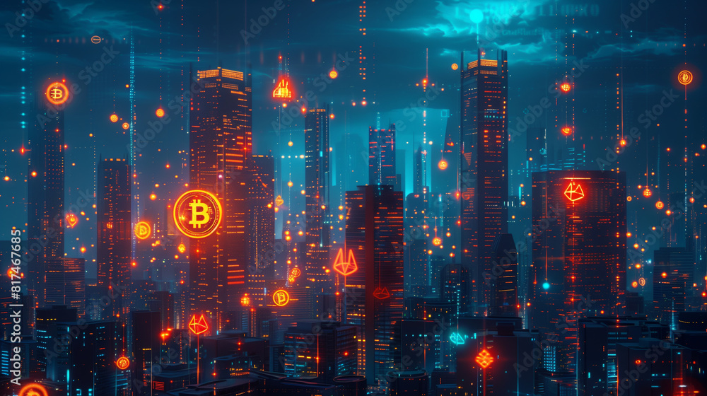 A futuristic cityscape illuminated with floating Bitcoin symbols and glowing digital elements, representing the integration of cryptocurrency in urban environments.