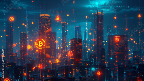 A futuristic cityscape illuminated with floating Bitcoin symbols and glowing digital elements  representing the integration of cryptocurrency in urban environments.