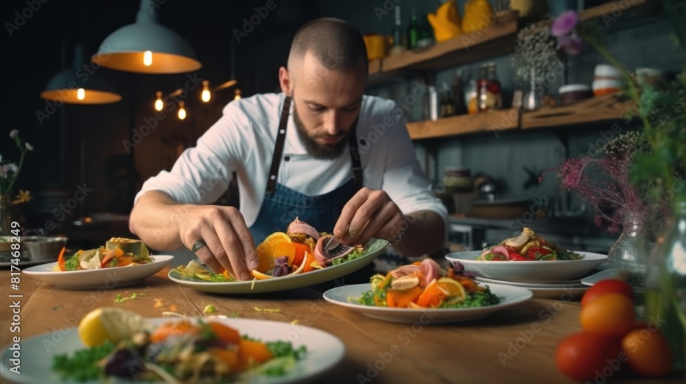 a chef who is serving food on a wooden table. The chef seemed focused on decorating the food carefully.