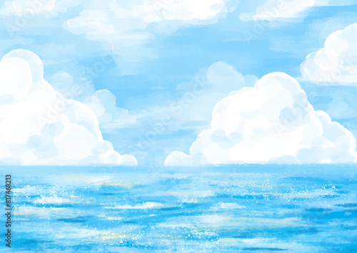 夏の海と空のイラスト　手描きのベクター素材　背景イラスト