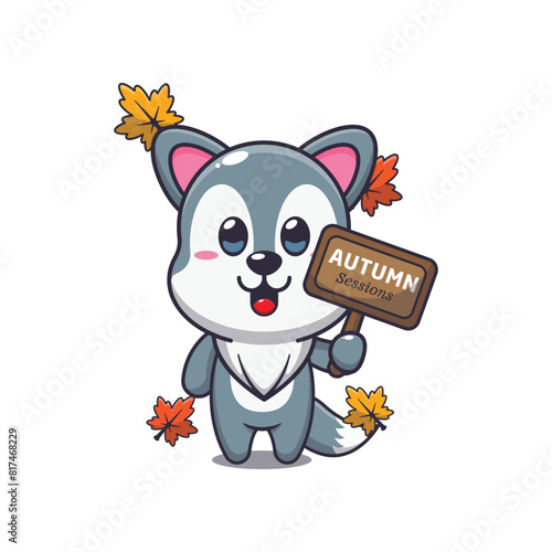 Cute wolf with autumn sign board © Artprodite