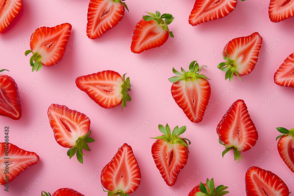 Slices of juicy strawberry.on pink background.. Slices of juicy strawberry.on pink background..