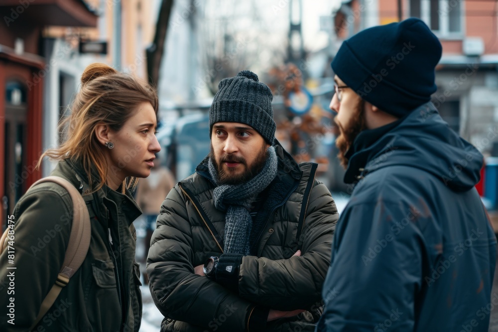 Two young men and a woman walking in the city. They are looking at each other. Two young men and a woman walking in the city. They are looking at each other.