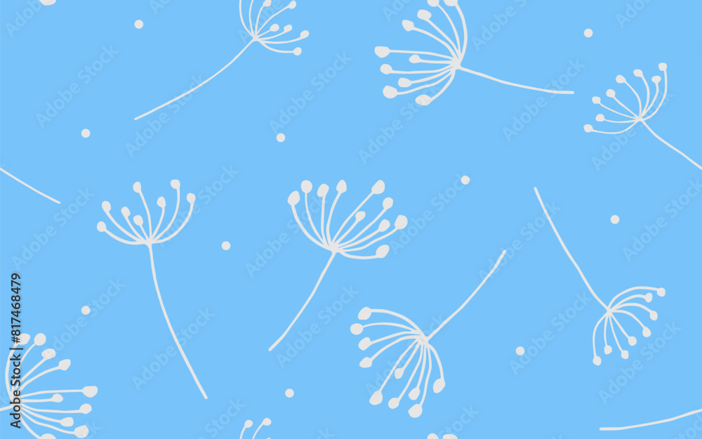 Hand-drawn umbrella plants on a blue background. Floral seamless pattern. White on blue. Background for paper, cover, textile, dishes, interior decor. Hand-drawn umbrella plants on a blue background. Floral seamless pattern. White on blue. Background for paper, cover, textile, dishes, interior decor.