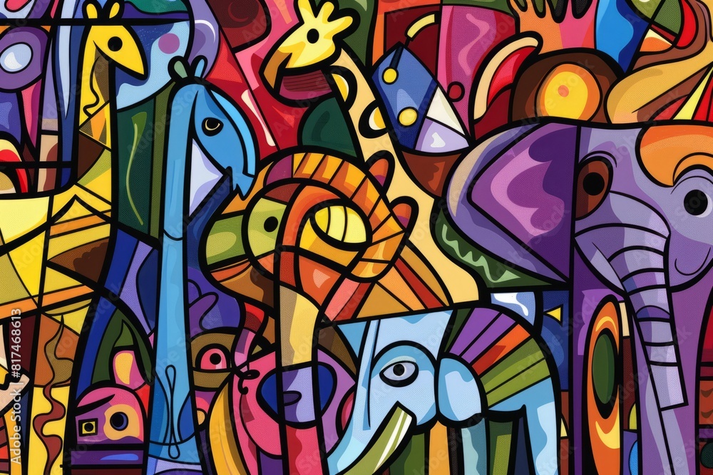 Fototapeta premium Cartoon cute doodles of a cubist-style animal parade, with elephants, lions, and giraffes depicted in abstract forms, Generative AI