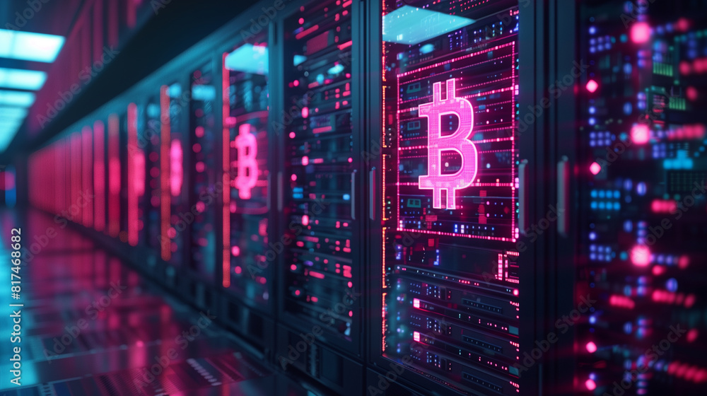 A high-tech cryptocurrency mining farm with glowing Bitcoin symbols on servers, representing digital currency mining, blockchain technology, and financial innovation.