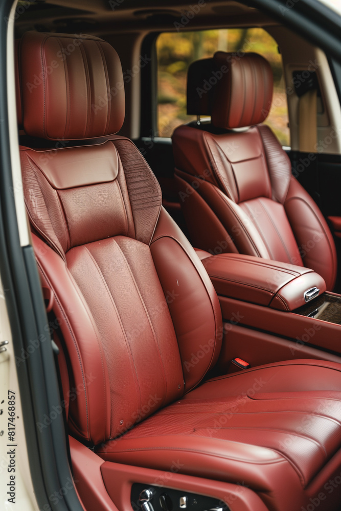 Fototapeta premium Luxurious red leather back passenger seats in stylish luxury car