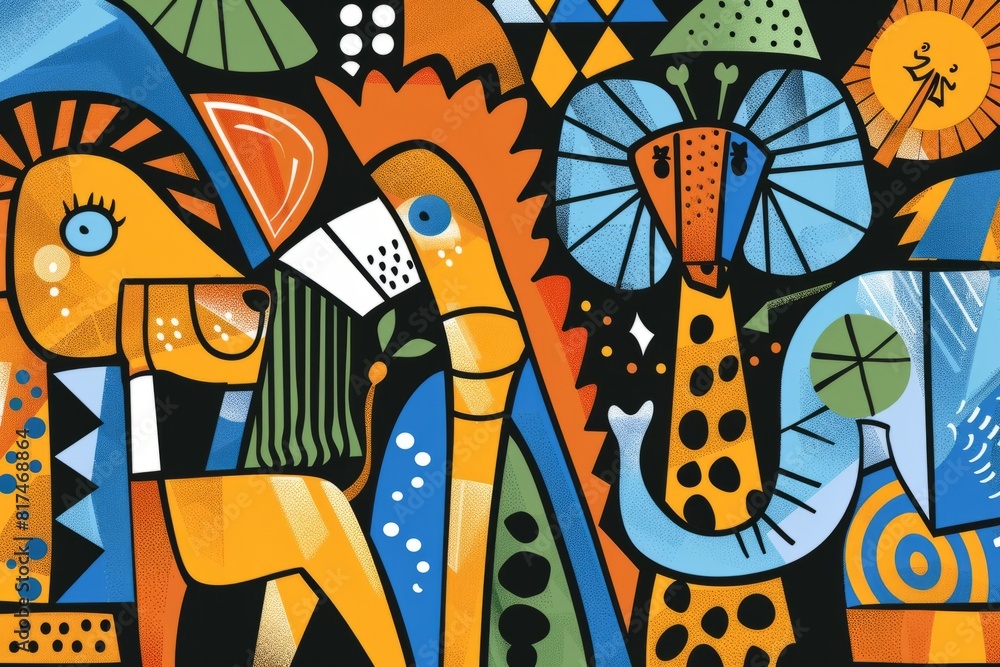 Obraz premium Cartoon cute doodles of a cubist-style animal parade, with elephants, lions, and giraffes depicted in abstract forms, Generative AI
