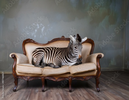 Konstfotografi petit zèbre sur un canapé dans un salon sobre en ia