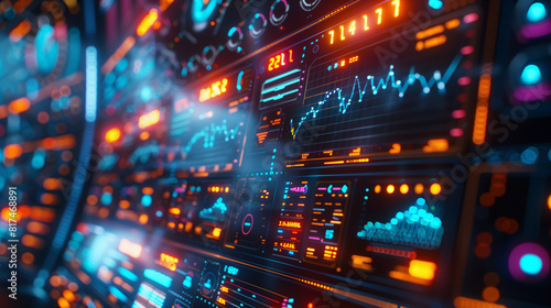 A high-tech data analytics dashboard featuring glowing charts and graphs, representing advanced technology, data analysis, and cyber systems.