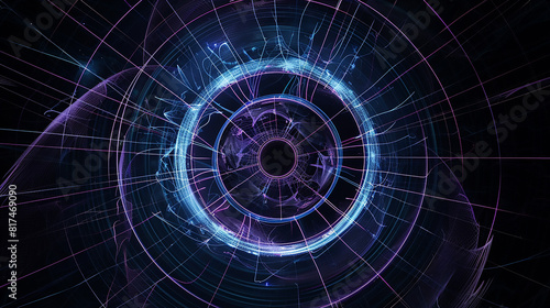 A dynamic circular pattern of lines and shapes in deep blues and purples, representing the depth and mystery of the universe on a black background.