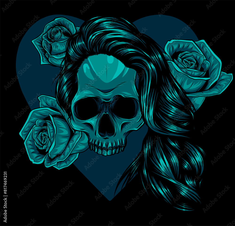 woman skull with roses and heart on black background. vector illustration design woman skull with roses and heart on black background. vector illustration design
