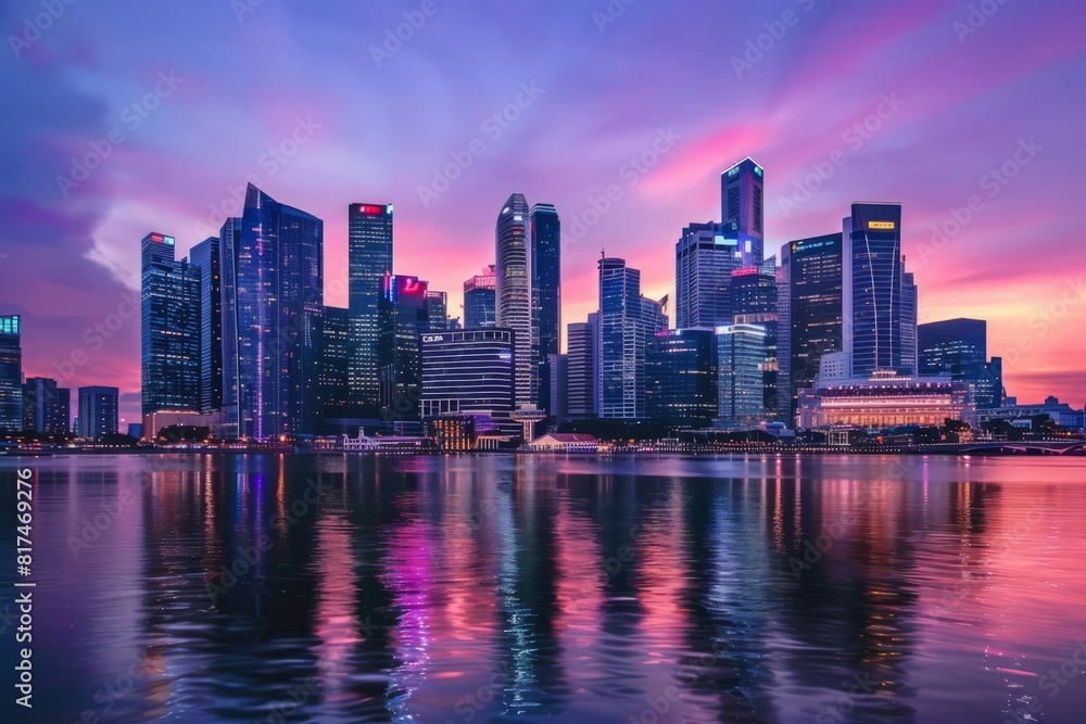 Naklejka premium A futuristic city skyline with skyscrapers reaching towards a vibrant purple sky at dusk, Generative AI 