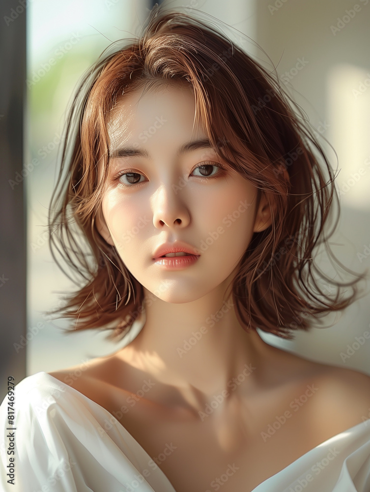 Naklejka premium Beautiful Korean Woman looking straight ahead. Asian young woman model front view.