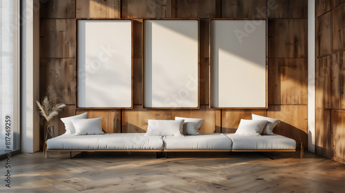 Mock Up three Poster Frames on the wood wall in living room with white couch  luxury tropical interior  3d interior illustration.