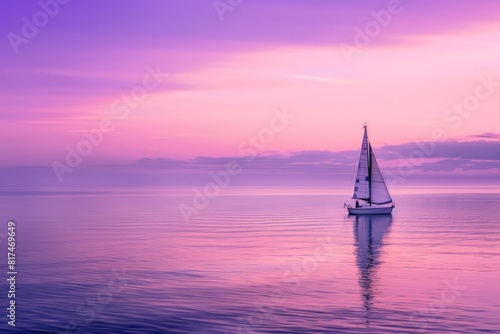 A lone sailboat drifting on calm waters, with the sails glowing in the light of the purple evening sky, Generative AI © ManusiaIkan