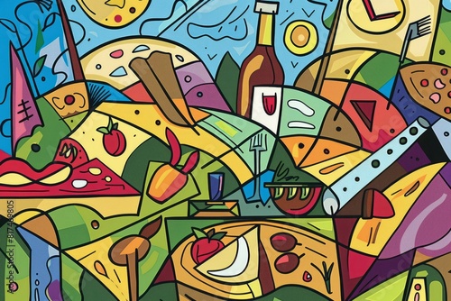 Cartoon cute doodles of a cubist-style picnic scene  with abstract food items and angular figures enjoying the outdoors  Generative AI