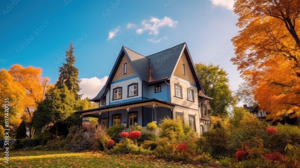 a cozy home surrounded by bright fall colors. This house has a distinctive blue roof and orange walls.
