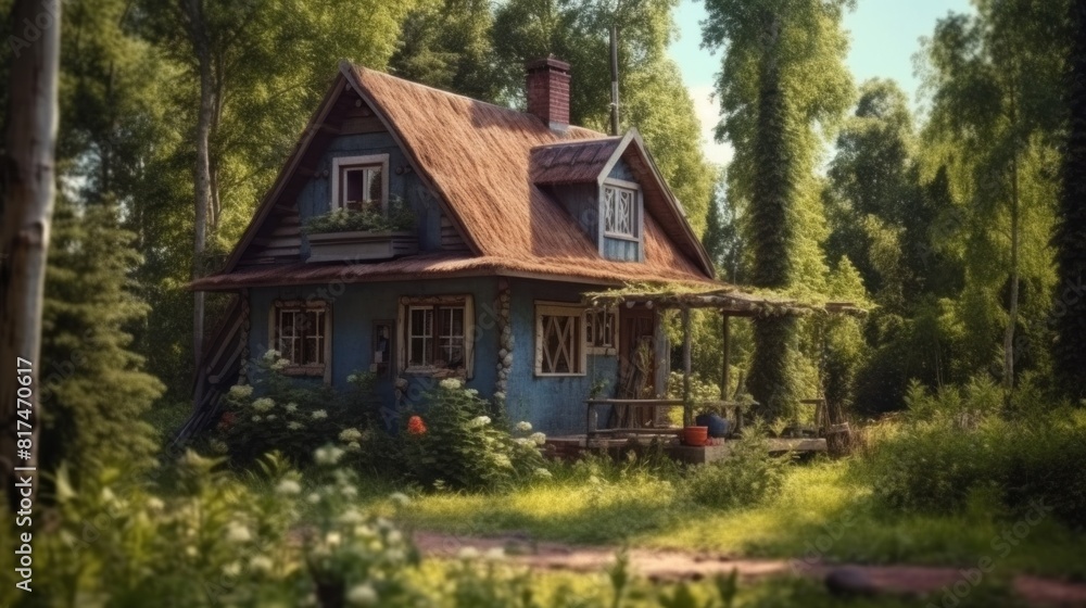 a cozy house with a red roof and brown walls, located in the middle of a lush pine forest. The house is surrounded by green plants a cozy house with a red roof and brown walls, located in the middle of a lush pine forest. The house is surrounded by green plants