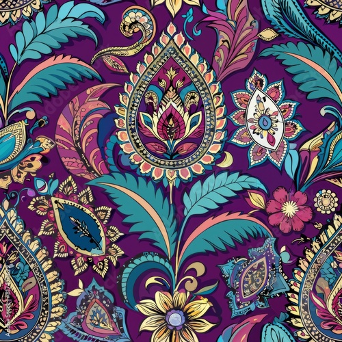 Seamless pattern of Persian-inspired paisley and floral motifs in rich jewel tones, adding a touch of exotic luxury to your gift wrap, Generative AI 