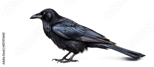 In the picture you can see a black crow standing upright. isolated on a white background