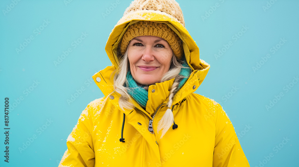 Middle age woman wearing yellow raincoat and winter hat over isolated background with a happy and cool smile on face. Lucky person. Middle age woman wearing yellow raincoat and winter hat over isolated background with a happy and cool smile on face. Lucky person.