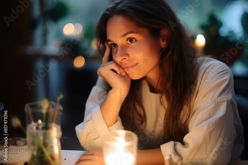 woman with hand on chin sitting at dining table by illuminated candle