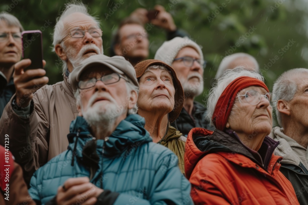 Group of senior people taking a selfie with mobile phone outdoors in the park. Group of senior people taking a selfie with mobile phone outdoors in the park.