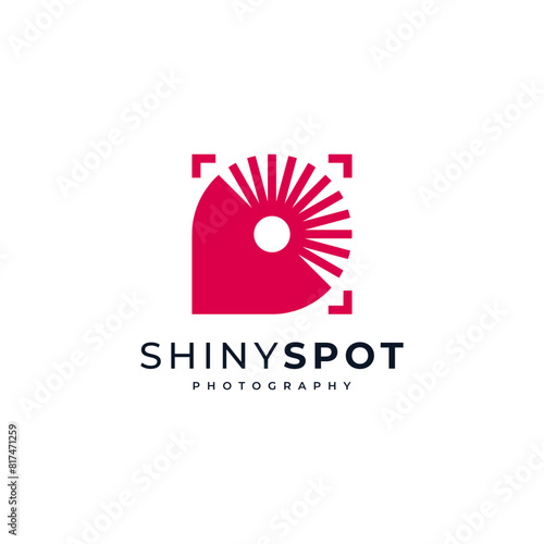 camera lens and frame with lighting and location pin for photography logo